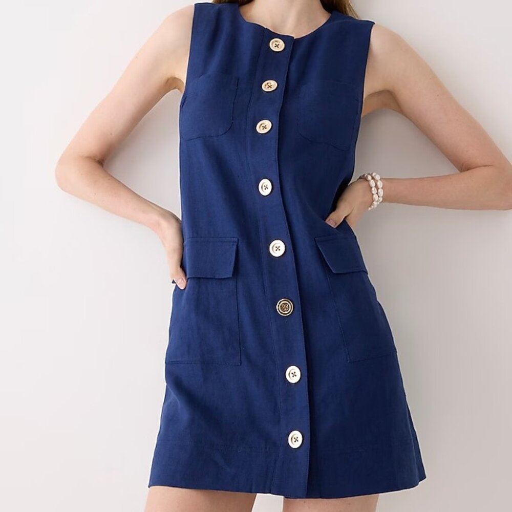 J. Crew Linen-Blend Button-Front Mini Dress in Blue